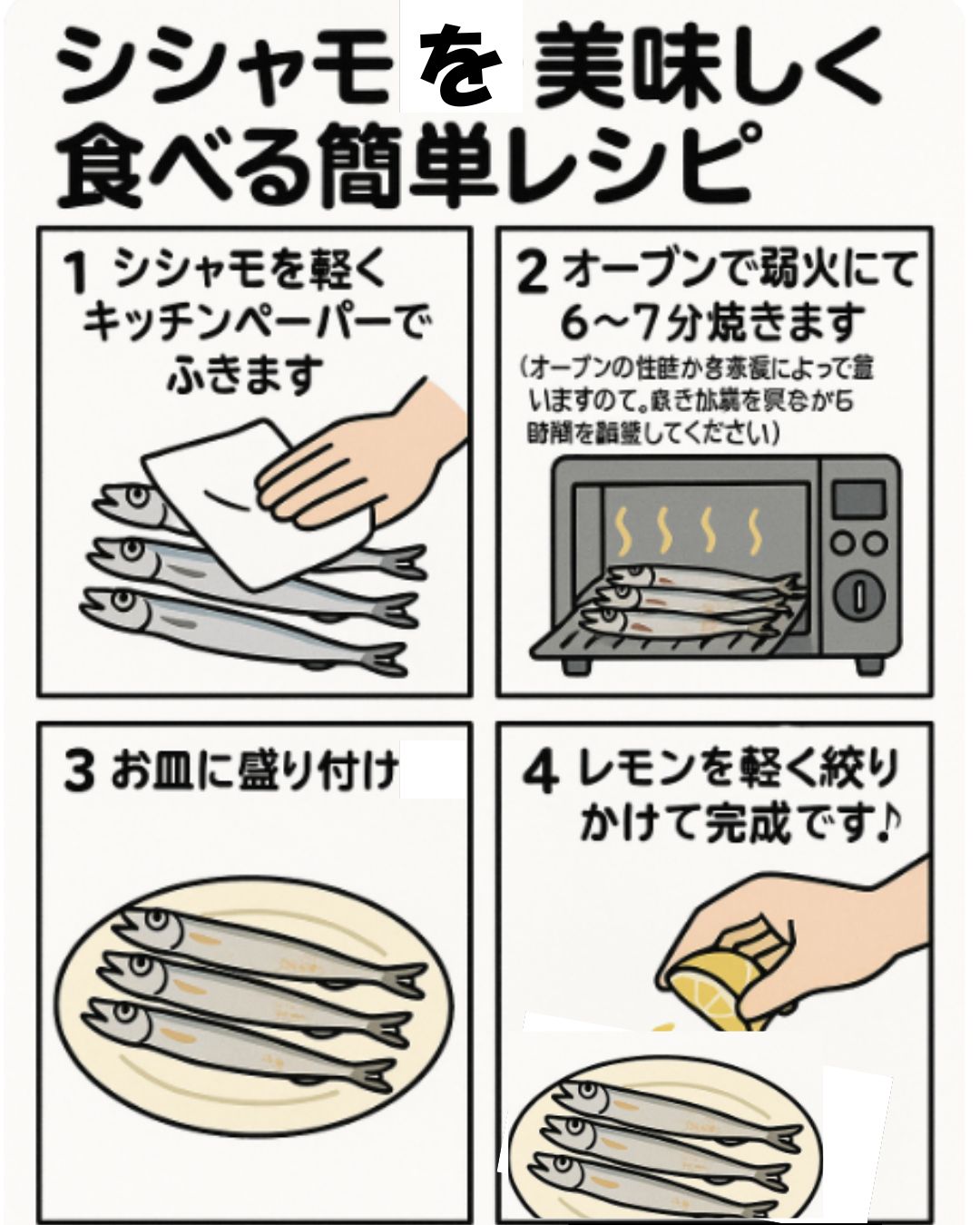 シシャモを美味しく食べる焼き方のレシピ漫画です。