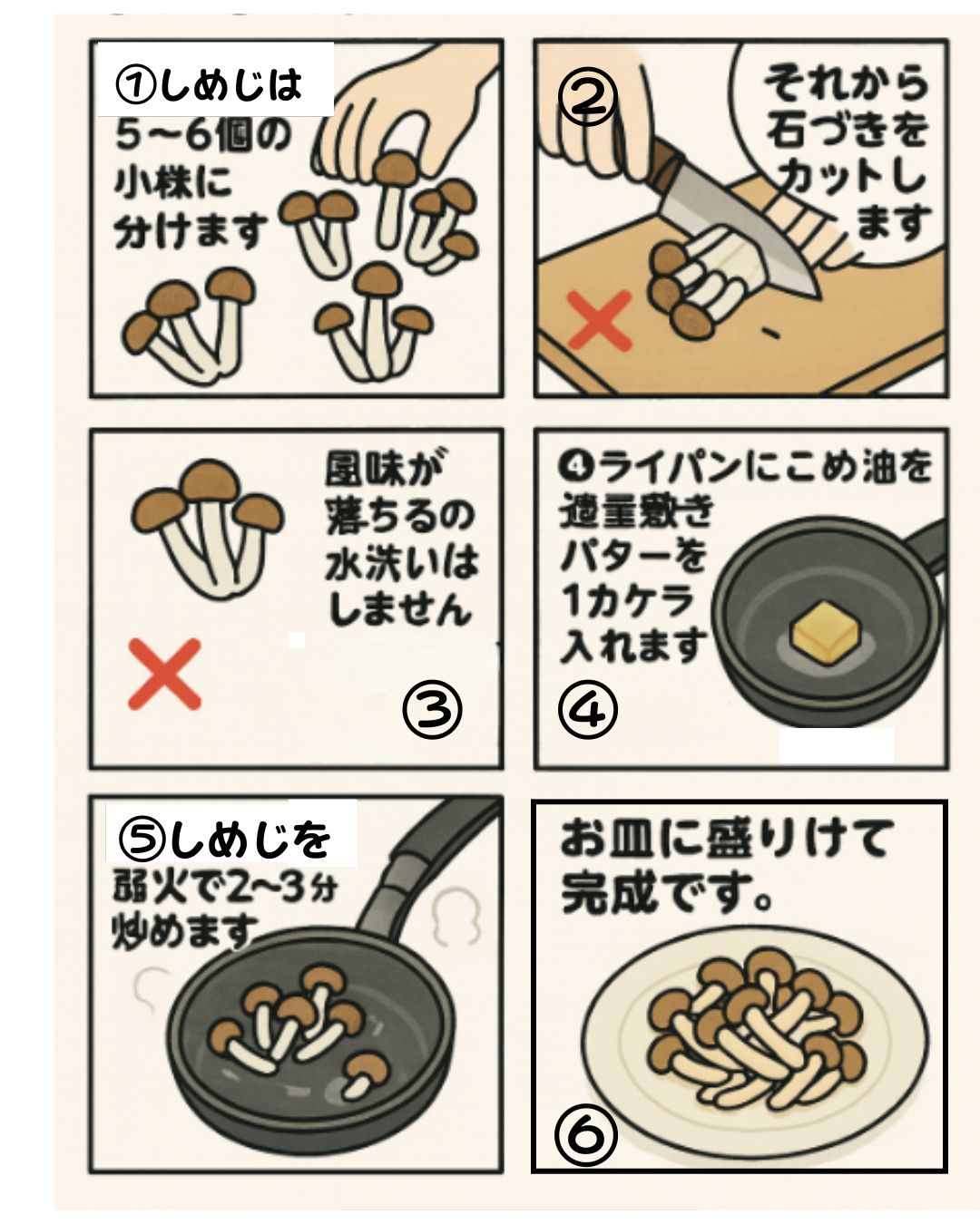 美味しいしめじバター炒めの作り方のレシピ漫画です。