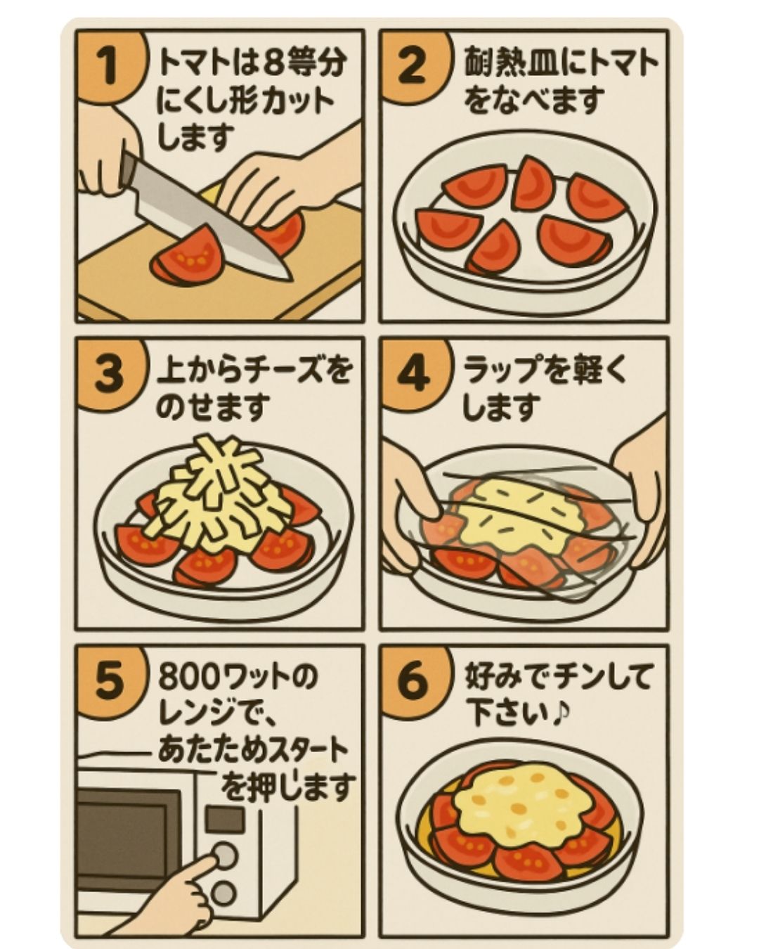 美味しいトマトのチーズ焼きの作り方のレシピ漫画です。