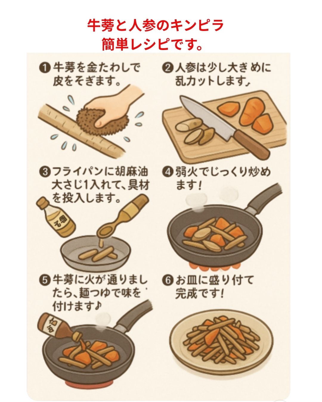 美味しい牛蒡と人参のキンピラの作り方のレシピ漫画です。