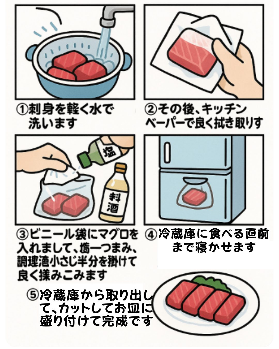 美味しい鮪のお刺身の作り方のレシピ漫画です。