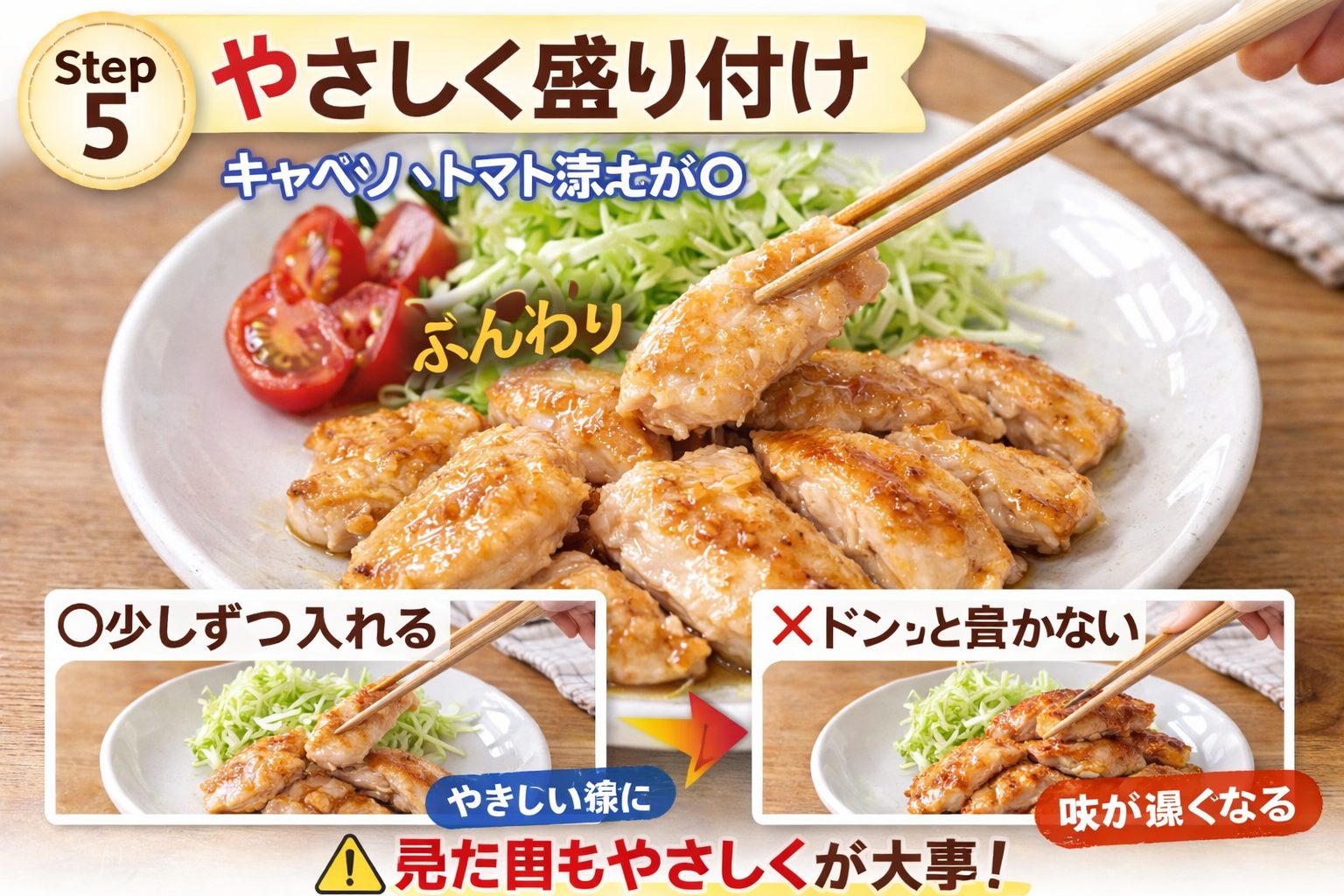 70代でも食べやすいやわらか鶏むね肉ソテーの盛り付け完成写真