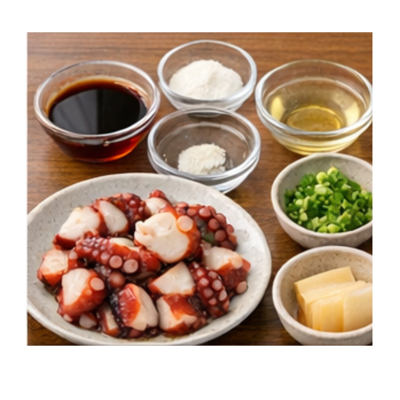 タコのぶつ切りと調味料を並べた写真。やさしい味付けで作る定番副菜の材料と完成イメージ。