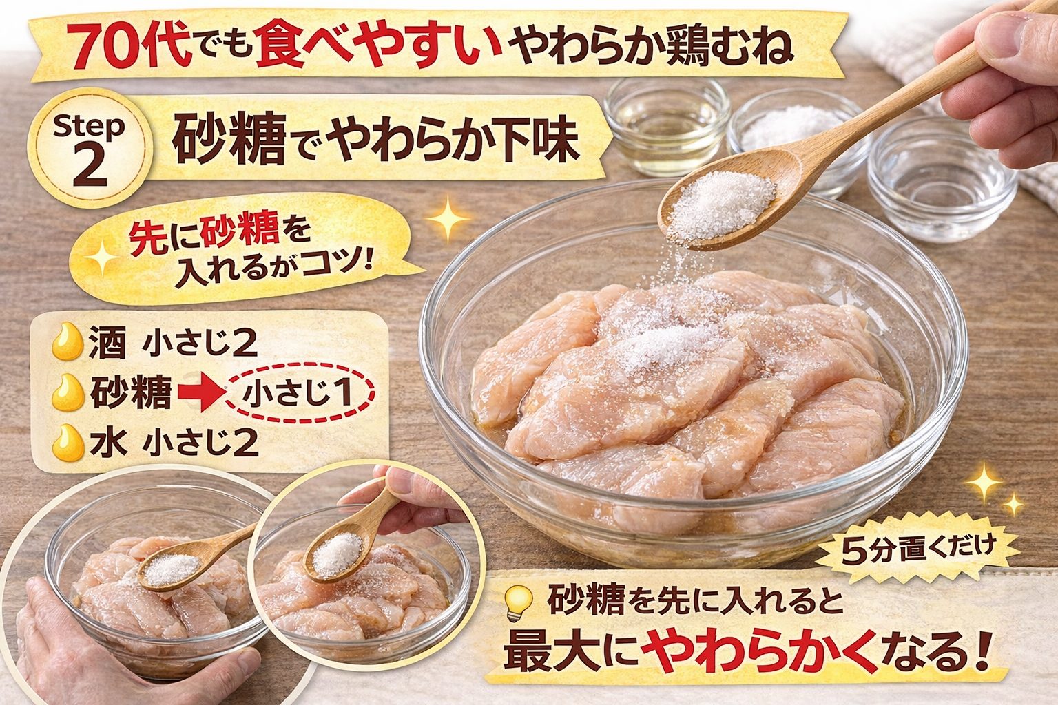 70代でも食べやすいやわらか鶏むね肉の下味の付け方