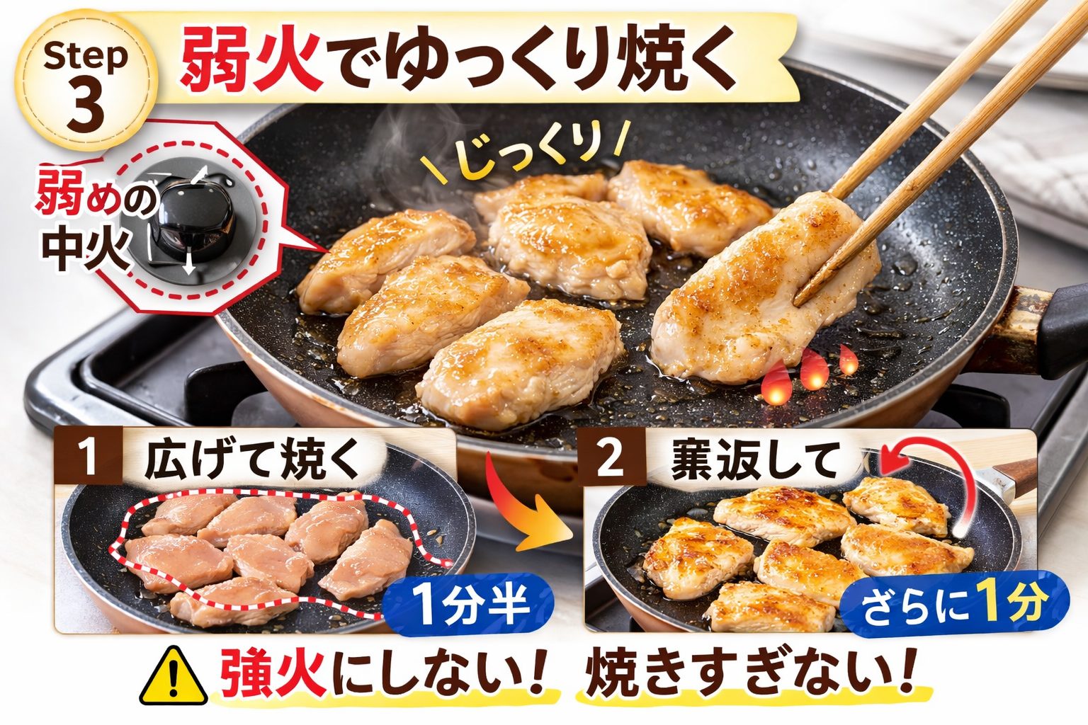 70代でも食べやすいやわらか鶏むね肉の弱火での焼き方